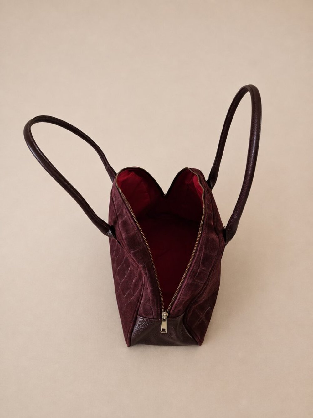 Burgundy Italian Leather & Croc-Embossed Suede Shoulder Bag – Large Dome Handbag - Picture 10 of 15
